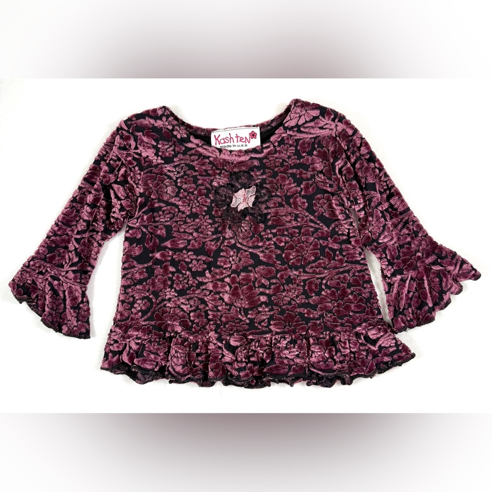 KASH TEN Toddler Girls’ Y2K Burnt Out Velvet Ruffle Flower Appliqué Top Size 2T